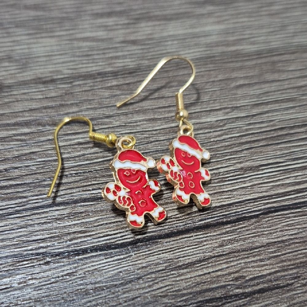 Red Enamel Gingerbread Man Dangle Earrings with Santa Hat | Gifts for Her